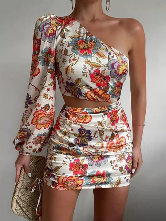 Floral Print Single Shoulder Long Sleeve Slim Fit Dress