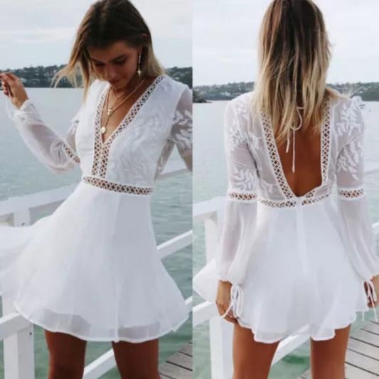 Boho women white mini dress